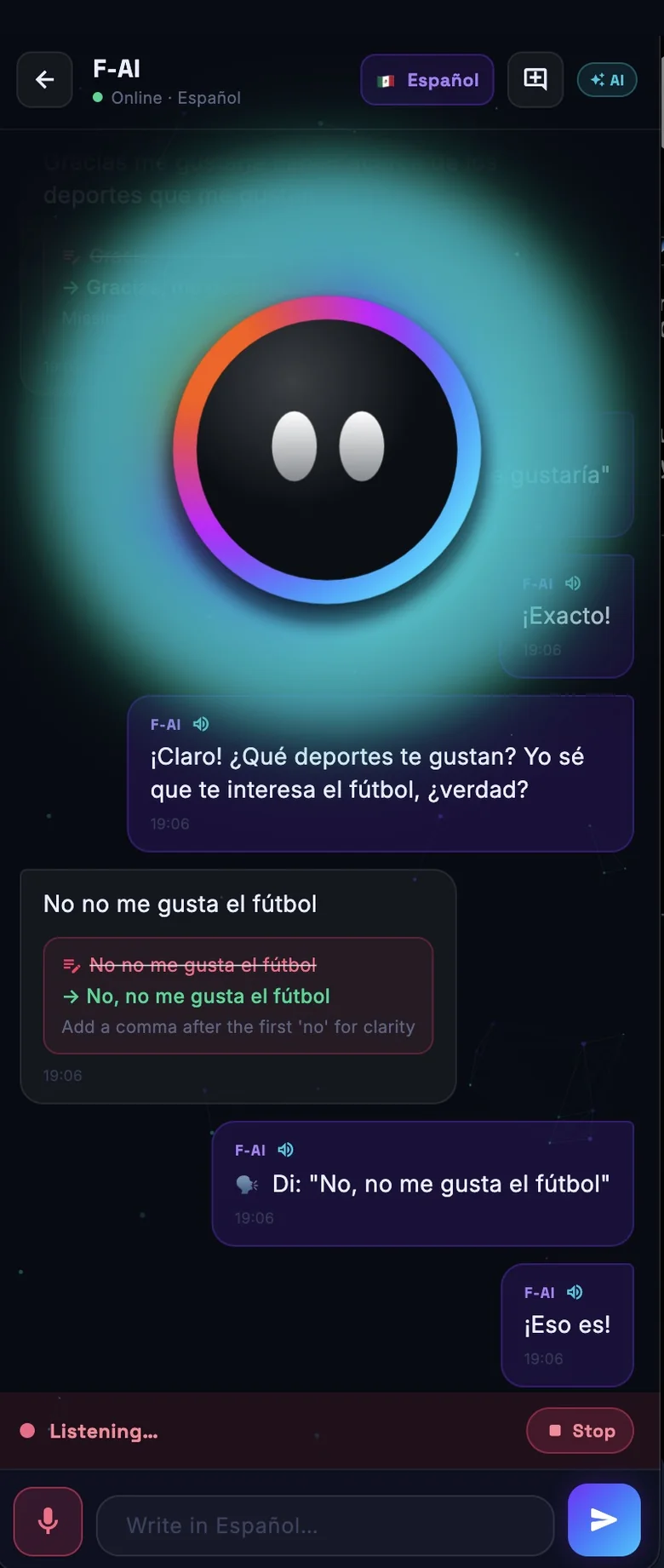 F-AI conversation: the user's sentence is corrected inline with an explanation