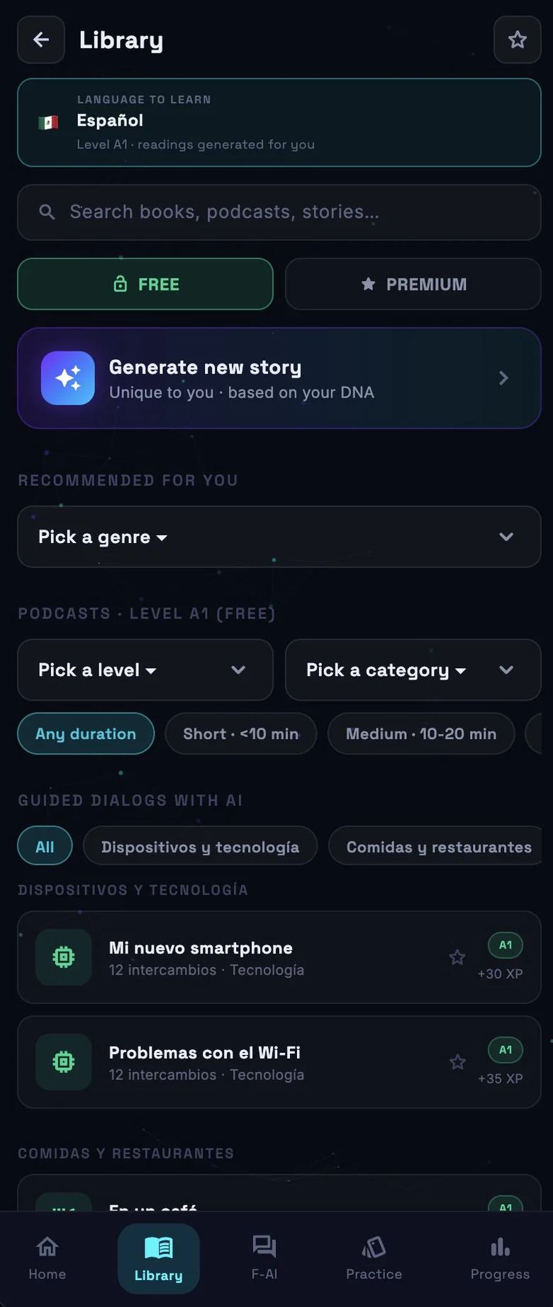Library with AI-generated stories, podcasts and guided dialogs
