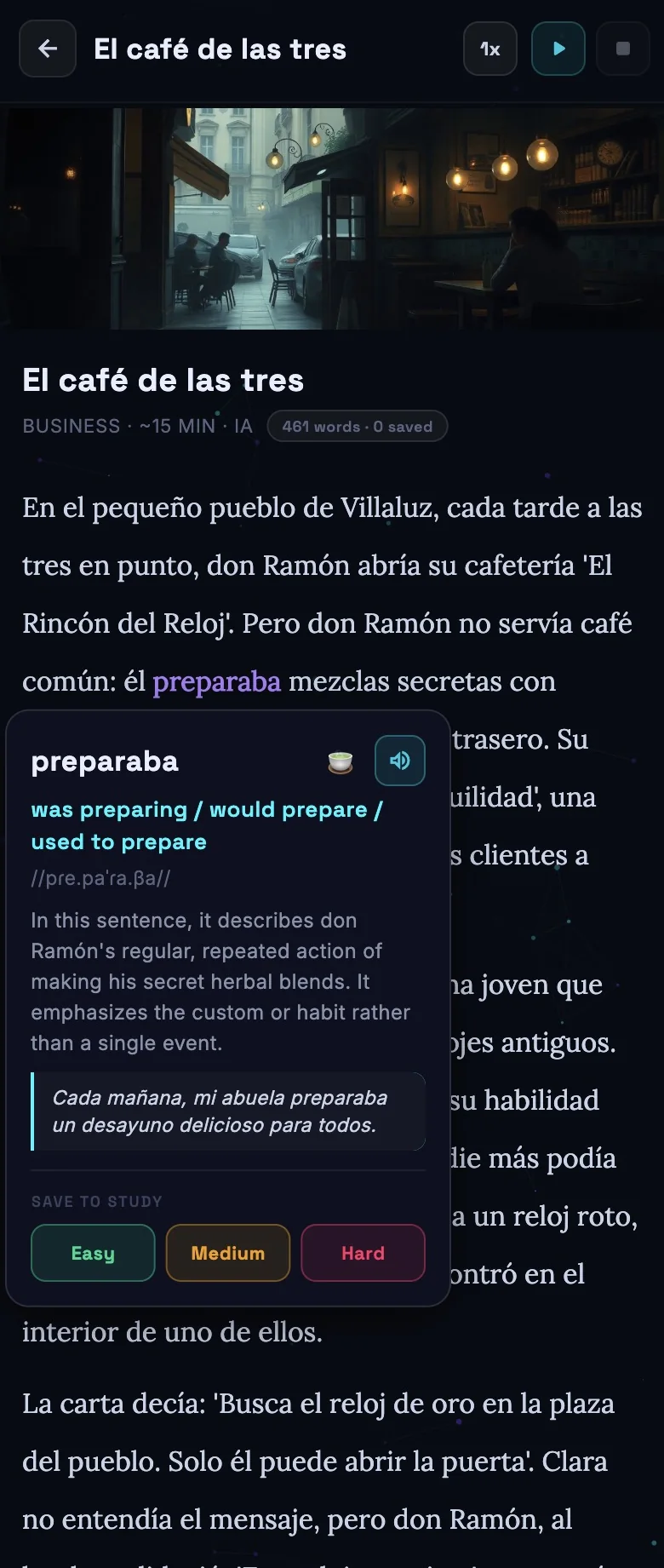 AI-written story with a tapped word showing translation, pronunciation and example