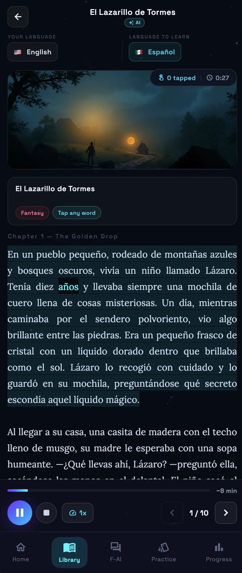 Illustrated reading with narration and tappable words