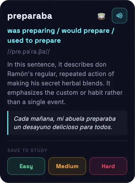 Word popup: translation, pronunciation, example and save to study