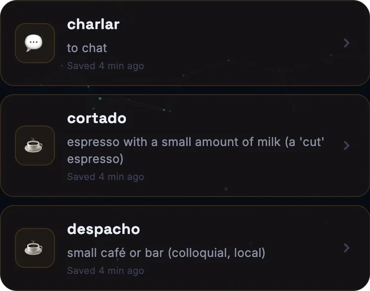 Saved words with translations